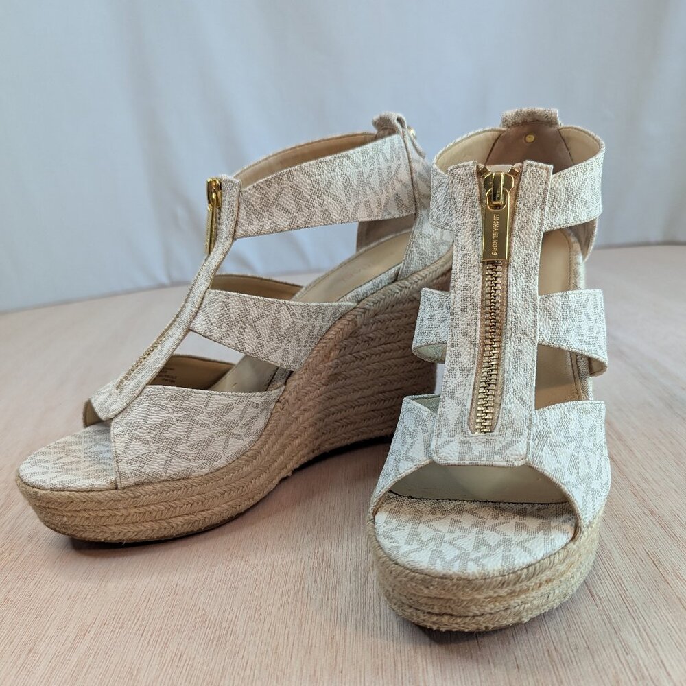 Michael Kors Platform Wedges "Etta" Logo Sandals White Size 8